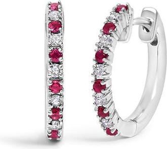 House of Brilliance 10K Gold Alternating Diamond and Red Ruby Huggy Hoop Earrings in White at Nordstrom
