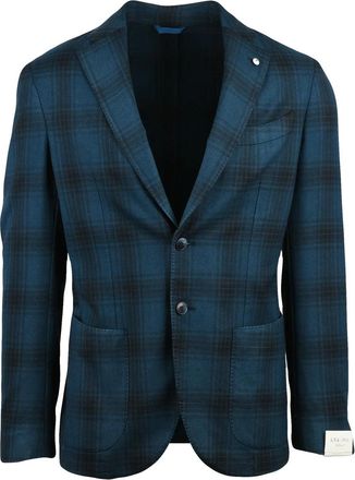 L.B.M. 1911 Blue Fitted Jacket with Checkered Pattern and Modern Silhouette