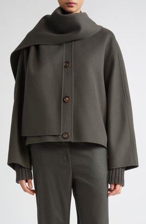 Max Mara Kate Virgin Wool Button-Up Jacket with Removable Scarf in Green at Nordstrom, Size 12