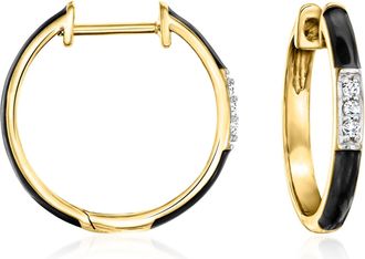 Ross-Simons Black Enamel and Diamond Hoop Earrings in 18kt Gold Over Sterling