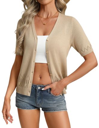 Grace Karin Womens Elegant V-Neck Lace Cardigan Summer Lightweight Short Sleeve Openwork Knit Tops Khaki XXL
