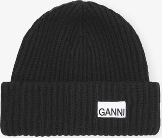 Ganni Black Oversized Wool Rib Knit Beanie