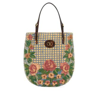 Valentino Garavani Embroidered Raffia Vlogo Signature Shoulder Bag