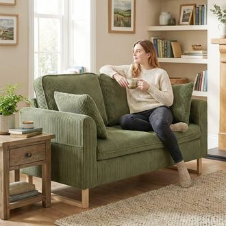 HOMCOM 2 Seater Sofa, Corduroy Sofa w/ Spring Cushions 2 Pillows, Dark Green
