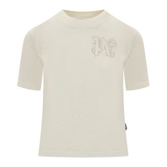 Palm Angels Tops, Dames, Beige, M, Katoen, Katoenen T-shirt met Ronde Hals