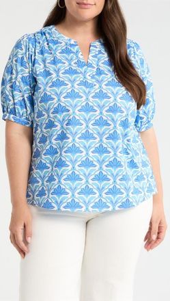 Sugarlips Elyse Geo Neli Puff Sleeve Cotton Top in Blues White Multi at Nordstrom, Size 2 X