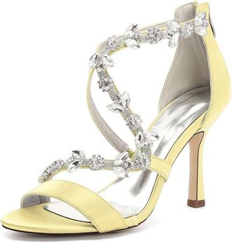 Generic Wedding Bridal Shoes Womens Bridal Stiletto Heels Sandals Sexy Open Toe Satin Wedding Party Dressy Heels Shoes 9.5Cm,Yellow,10 UK
