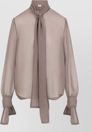 Saint Laurent silk semi-sheer long-sleeve tie-neck blouse