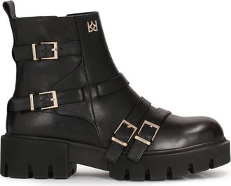 Kazar Platte laarzen versierd met riemen met gespen - Dames - Enkellaarsjes - Zwart - 37 EU - Leer - Schoenen