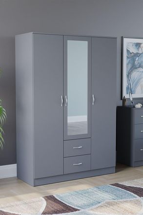Home Discount Vida Designs Riano 3 Door 2 Drawer Mirrored Wardrobe Storage Organizer in Grey