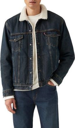 Levi's Relaxed Fit Faux Shearling Lined Denim Trucker Jacket in Night Shadows Sherpa Trk at Nordstrom Rack, Size Xx-Large