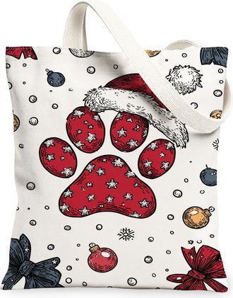 Generic Festive Paw Print Canvas Tote Bags, Christmas Animal Design Reusable Shopping Bags, Winter Fanciful Lightweight Washable Sh, Red, 13x15 Inch