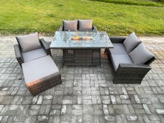 Fimous Rattan Outdoor Garden Furniture Gas Fire Pit Table Sets Gas Heater with Double Seat Sofa Armchair Big Footstool 6 Seater in Dark Grey