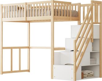 STILVORA Cama Alta Cama Individual Con Escalera De Almacenaje Y Escritorio, 90 &times; 200 Cm, Sin Colch&oacute;n, Madera Natural