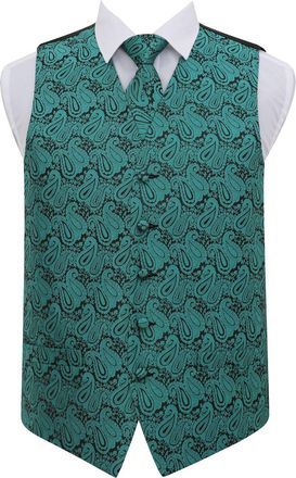 DQT Paisley Floral Patterned Wedding Waistcoat, Neck Tie & Pocket Square Set for Men (XXL, Teal, xx_l)
