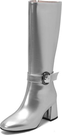 Generic Womens Square Toe Block Heel Shiny Metallic Knee High Riding Boots with Side Zipper and Buckle Strap Decor (7.5,Silver)