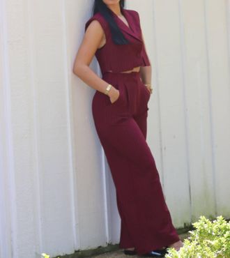 Glam Cropped Vest & Pants Set In Burgundy