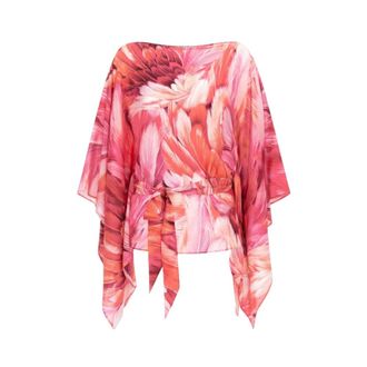 Roberto Cavalli Overhemden, Dames, Roze, L, Korte Plumage Print Kaftan Jurk
