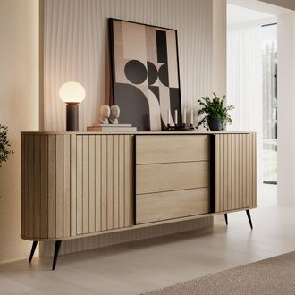 Dmora Credenza Hanira, Aparador 3 Cajones, 2 Estantes, Puerta Corredera, 196x40x82h Cm Roble Marr&oacute;n