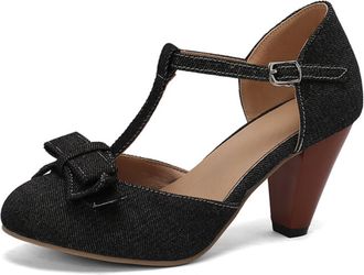 Generic Women Denim T Strap Pumps Round Toe Pointed Heel Bow Decor Adjustable Buckle Ankle Strap Cutout Non Slip Durable Comfortable Dress Party Shoes,Black,7