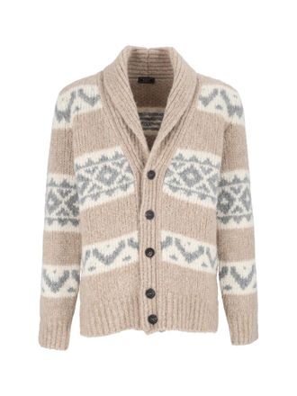 PESERICO Shawl Collar Knit Sweater with Geometric Patterns