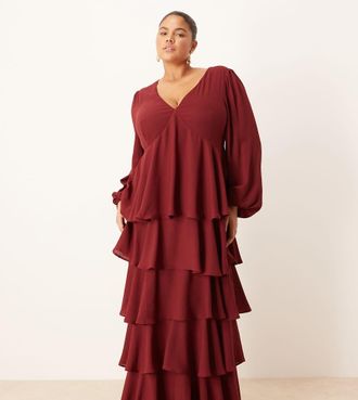 Pretty Lavish Curve Ashton - Vestito lungo color vino con volant-Viola