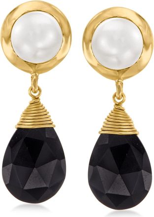 Ross-Simons 7.5-8mm Cultured Pearl and Black Onyx Drop Earrings in 18kt Gold Over Sterling