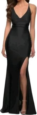La Femme Plunging Neck High Slit Strappy Back Gown Dress In Black