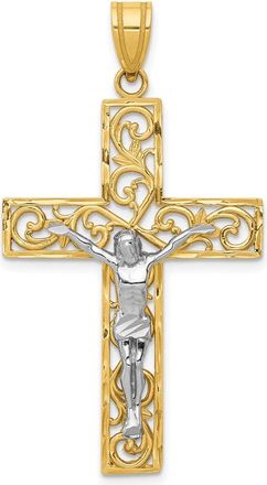 Diamond2Deal 10K Two-tone Diamond-Cut Large Block Filigree Cross Crucifix Pendant