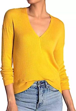 Elodie Faux Wrap Ribbed V Neck Knit Surplice Sweater In Yellow