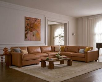 Castlery Tan France Kagan Leather 6-Piece L-Shape Sectional Couch with Left Chaise, (Marche) Cocoa, Castlery, Brown American Top-Grain Leather