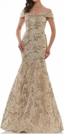 Colors Dress Embroidered Fit And Flare Gown In Gold