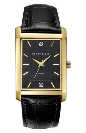 Perry Ellis Slim Rectangular Diamond Leather Strap Watch, 31mm x 40mm in Gold at Nordstrom Rack