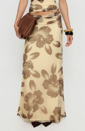 Princess Polly Roselin Floral Mesh Maxi Skirt in Brown Floral at Nordstrom, Size 10