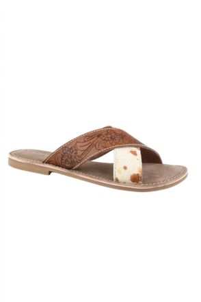 Roper Womens Delilah Two Strap Tooled Leather Sandal In Brown