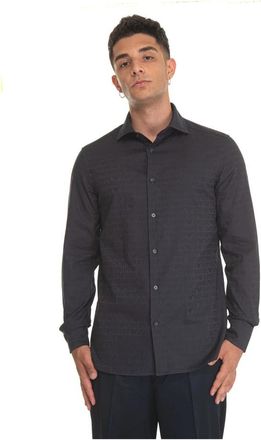 Emporio Armani Lange mouwen katoenen shirt met logoprint - Heren - Casual Overhemden - Blauw - S - Katoen - Overhemden