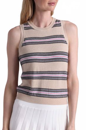 Minnie Rose Cotton Cashmere Striped Crew Neck Tank Top In Brown Sugar Combo