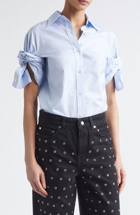 Monse Knotted Sleeve Stripe Cotton Poplin Button-Down Shirt in Sky Blue at Nordstrom, Size 2