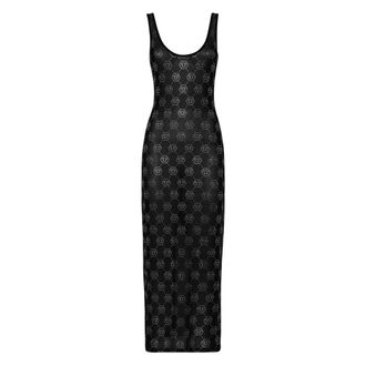 Philipp Plein Kleedjes, Dames, Zwart, XS, Katoen, Long Dress Monogram Strass