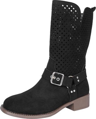 Generic Womens Fashion Mid Calf Boots Side Zipper Breathable Hollow Out Design Comfortable Booties for Autumn Winter Wear(Black, 4.5)