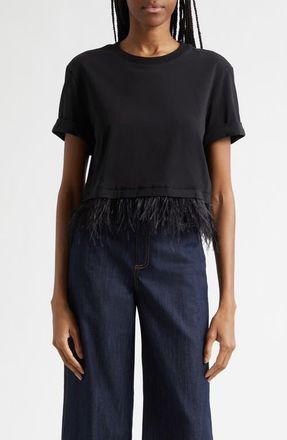 Cinq &agrave; Sept Feather Trim Crop T-Shirt in Black at Nordstrom, Size X-Small