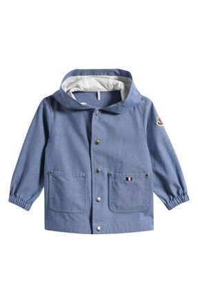 Moncler Kids Nur Cotton Chambray Hooded Jacket in Blue at Nordstrom, Size 18-24M