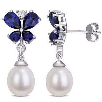 Mimi & Max 8-8.5mm Cultured Freshwater Pearl Created Blue & White Sapphire Butterfly Earrings in Sterling Silver