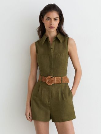 Reiss Khaki Green Linen Sleeveless Belted Playsuit, 14
