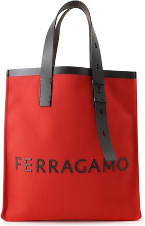 Ferragamo Black Red Color Canvas Leather Handbag Tote Bag (Pre-Owned)