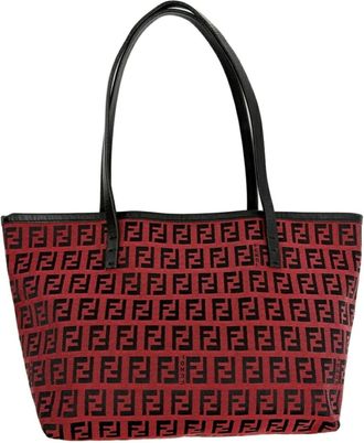 Fendi Black Red Color Canvas Leather Tote Bag (Pre-Owned)