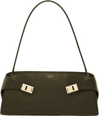 Ferragamo Embossed Calfskin Shoulder Bag With Iconic Gancini Buckle
