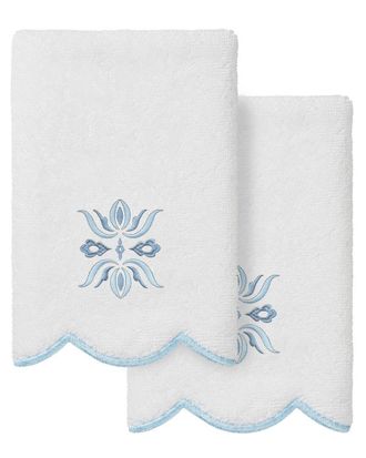 Linum Home Textiles 100% Turkish Cotton Flower Crest Scallop 2Pc Embellished Fingertip Towel Set