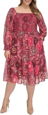 Vince Camuto Floral Long Sleeve Smocked Chiffon Fit & Flare Dress in Berry at Nordstrom Rack, Size 18W