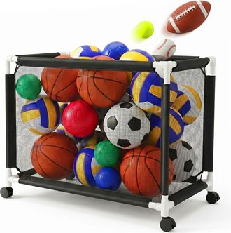 Relaxdays Carro Para Balones Relaxdays, 4 Ruedas Con Freno, 85 X 120 X 78 Cm, Para F&uacute;tbol, Baloncesto Y Voleibol, Negro